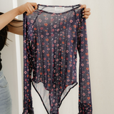 Samantha Floral Print Smocked Cuff Slim Fit Mesh Bodysuit