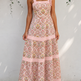 Lily Floral Print Striped Patchwork Detail Sleeveless Dress（Runs Small ）