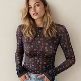 Samantha Floral Print Smocked Cuff Slim Fit Mesh Bodysuit