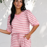Sweet Escape Lounge Set Stripe Puff Short Sleeve T Shirt Matching Shorts Set - Pink