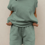 Astrid Textured Short Sleeve Top and Shorts Set - Seafoam