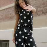 Paris Polka Dot Print Pleated Round Neck Tank Wide Leg Two-Piece Outfit