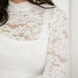 White Lace Crochet Bell Sleeve Mock Neck Blouse
