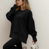 Remi Solid Color Oversize Slit Sweatshirt Ribbed Leggings 2pcs Set - Black