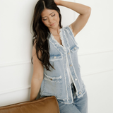 Neriah Frayed Edge Flap Pockets Denim Vest Jacket