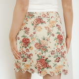 Buttoned Front Floral Scalloped Trim Mini Jacquard Floral Skirt