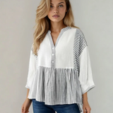 PREORDER Morgan Half Button Gauze Patchwork Bracelet Sleeve Babydoll Blouse | Dropship