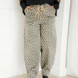 Leopard Print Drawstring Elastic Waist Loose Denim Pants with Pockets
