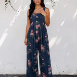 Scottie Floral Print Pleated High Waist Wide Leg Denim Jumpsuit - Dark Wash