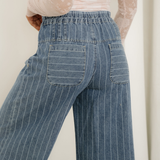 PREORDER Cora Blue Stripe Button Pleated Drawstring Waist Casual Wide Leg Jeans