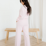 Thea Stripe Drop Shoulder Round Neck Top and Buttoned Straight Pants Two Piece Set