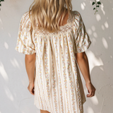 Birdie Floral Print Contrast Ribbon Bow Lace Trim Square Neck Mini Dress