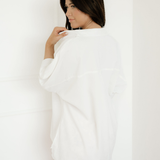 Wrenlee Plain 3/4 Batwing Sleeve Oversize Button Up Blouse - White