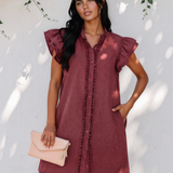Nellie Frilled Detail Button Down Ruffle Short Sleeve Denim Mini Dress - Red