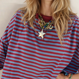 Andrea Exposed Seam Contrast Ribbed Top - Blue
