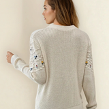 PREORDER Gemma Mixed Texture Knit Flower Embroidered Detail Casual Sweater | Dropship