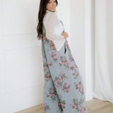 Scottie Floral Print Pleated High Waist Wide Leg Denim Jumpsuit