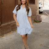 Mimi Button Up Short Puff Sleeve Tiered Shift Dress