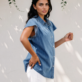 Cheyenne Ruffled Short Sleeve Denim Shirt