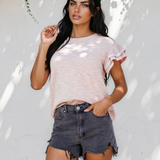 Vienna Twilled Print Lace Trim Ruffled Short Sleeve Blouse - Pink