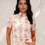 Millie Floral Print Mock Neck Short Sleeve Mesh Top