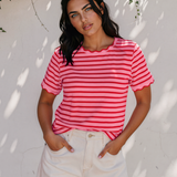 Collette Stripe Scalloped Trim Round Neck T Shirt - PInk