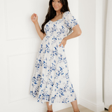 Faith Smocked Bodice Short Puff Sleeve Tiered Floral Midi Dress