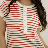 Maisie Stripe Half Buttons Round Neck T Shirt - Red