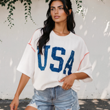 All American USA Graphic Half Sleeve Loose Ribbed Top - White