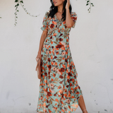 Haisley Floral Print Frilled V Neck Short Sleeve Maxi Dress - Green