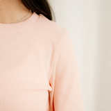 Valerie Rounded Hem Waffle Plain Long Sleeve Top - Pink