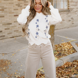Polly Floral Embroidered Scallop Hem Cropped Sweater