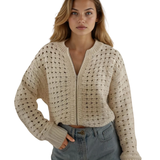 PREORDER Esther Hollowed Pattern Knit Zip Up Drop Shoulder Cardigan | Dropship