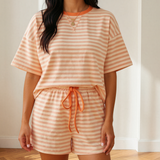 Weekend Retreat Set Contrast Neck Loose Tee and Drawstring Shorts Set - Pink