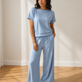 Saturday Mood Set Loose Tee Drawstring Wide Leg Pants 2pcs Outfit - Blue