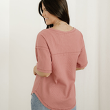 Caroline Exposed Seam Drop Sleeve V Neck Waffle Textured Top  - Rose