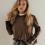 Malani Varsity Striped Crew Neck Long Sleeve Top - Dark Brown