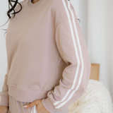 Fiery Red Varsity Striped Detail Crewneck Pullover Elastic Sweatpants 2pcs Outfit