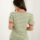 Kimberly Stripe Short Puff Sleeve Contrast Trim Round Neck Tee - Green