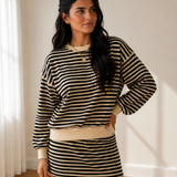 Coffee Run Set Stripe Textured Drop Shoulder Pullover Top Drawstring Mini Skort Two Piece Dress Set - Black