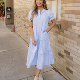 Kaeli Bubble Short Sleeve Tiered Scallop Long Dress