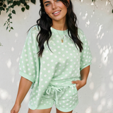Sunday Slowdown Set Polka Dot Oversized Top Drawstring Short Set - Green