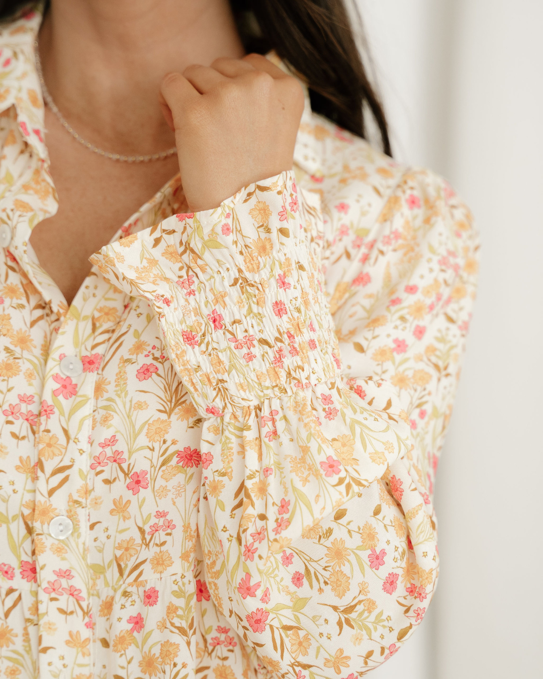 Evie Smocked Cuff Long Sleeve Loose Shirt Dress