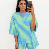 Stay Awhile Set Stripe Striped Ribbed Cotton Two-Piece Pant Set with Chest Patch Detail - Green