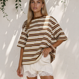 Rylan Brown Stripe Womens Casual Oversized Tee