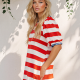 Coast to Coast Contrast Trim Round Neck Short Puff Sleeve Shift Mini Dress - Red