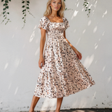Estelle Ditsy Floral Print Smocked Square Neck Ruffle Short Sleeve Dress