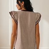 Malani Stripe Double Ruffled Short Sleeve V Neck Blouse