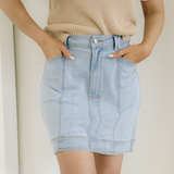 Juliet Exposed Seam Detail A-line Denim Mini Skirt with Pockets