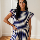 Alara Stripe Contrast Trim Cap Sleeve Top Casual Shorts 2pcs Set